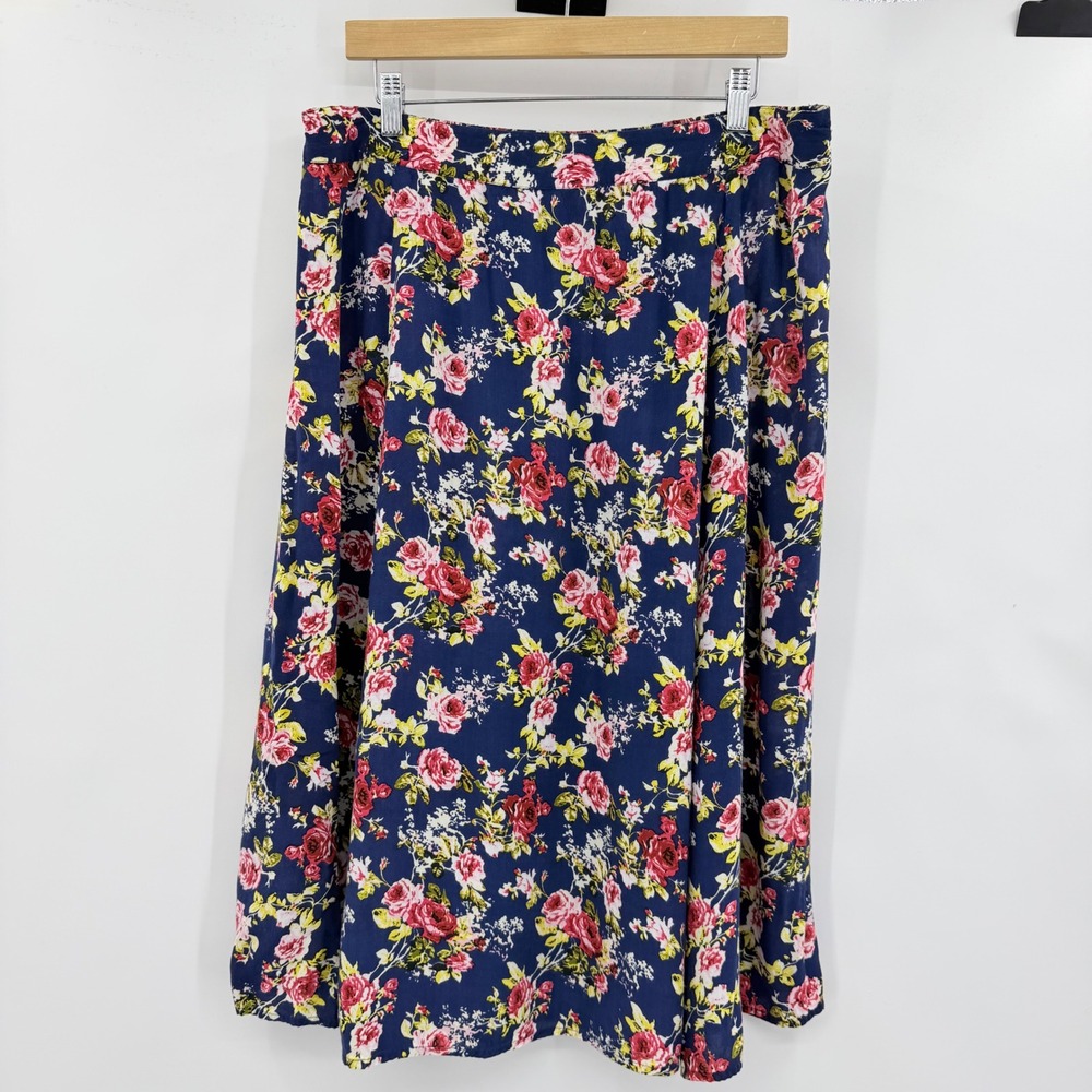 CW Classics Floral Midi Vintage Skirt Women 1X Navy Blue Rose Print Rayon A-Line